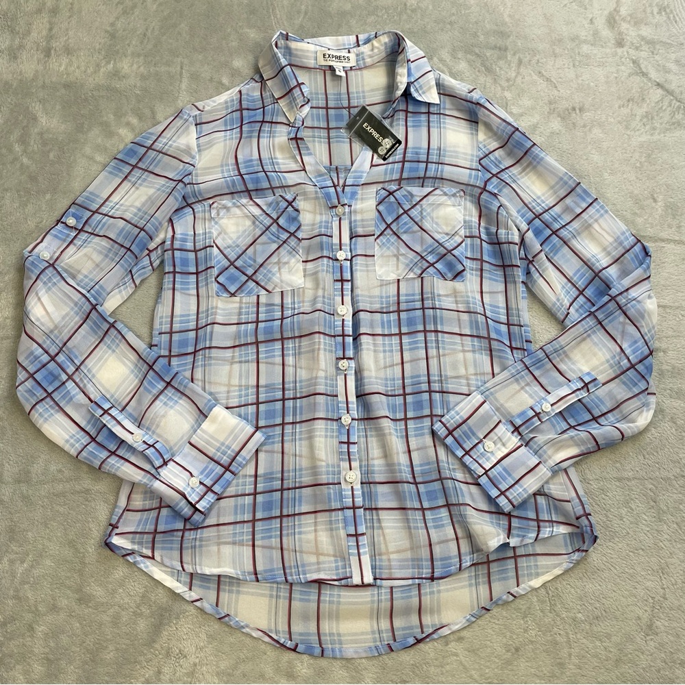 Express Portofino Shirt XS Womens NWT Sheer Plaid Roll Tab Office Career